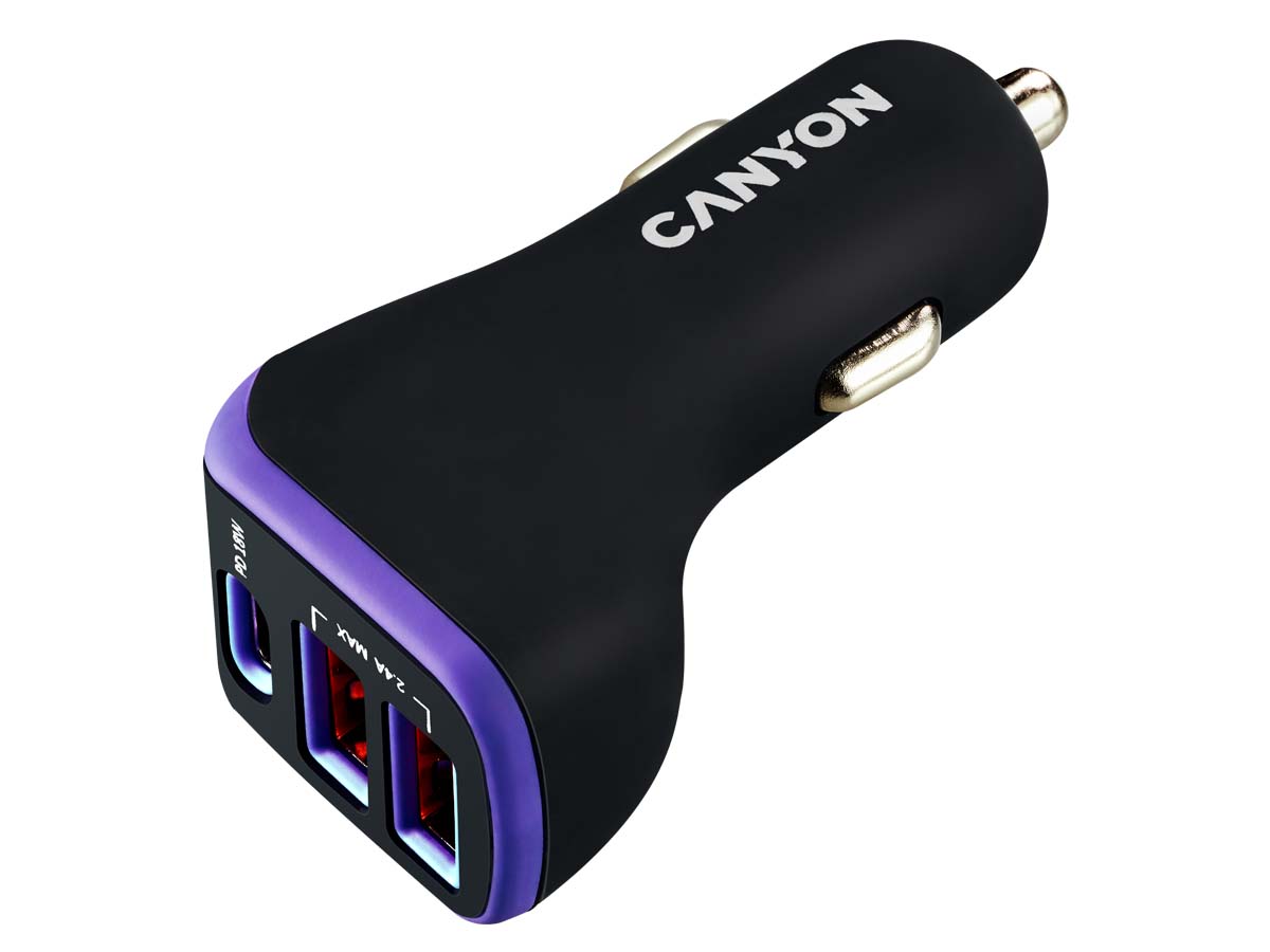 Автомобильное зарядное устройство Canyon С-08, до 18Вт, 2xUSB 2.4А, USB Type-C, Черный/Фиолетовый CNE-CCA08PU