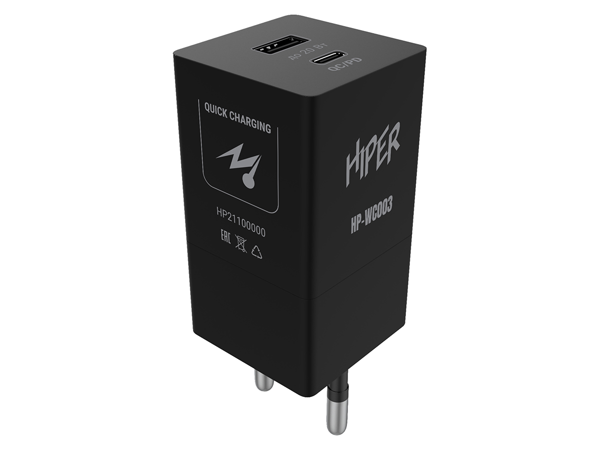 Сетевое зарядное устройство HIPER HP-WC003, до 20Вт, USB, USB Type-C, Черный HP-WC003