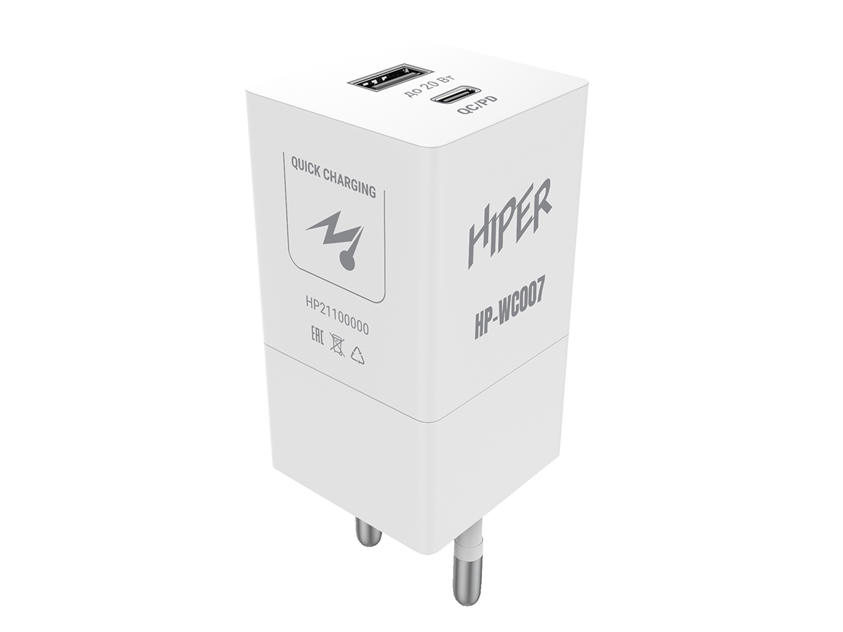 Сетевое зарядное устройство HIPER HP-WC007, до 20Вт, USB, USB Type-C, Белый HP-WC007